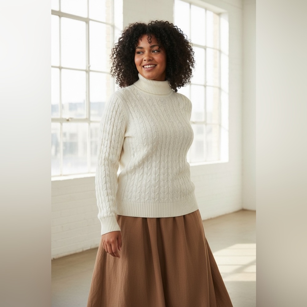 St John’s Bay Ivory Cable Knit Turtleneck Sweater Women’s XLT Cozy Pullover